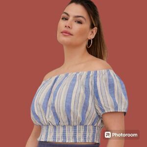 5X 28W Torrid Blue Stripe Linen Blend Smocked Waist Off Shoulder Crop Top Puff